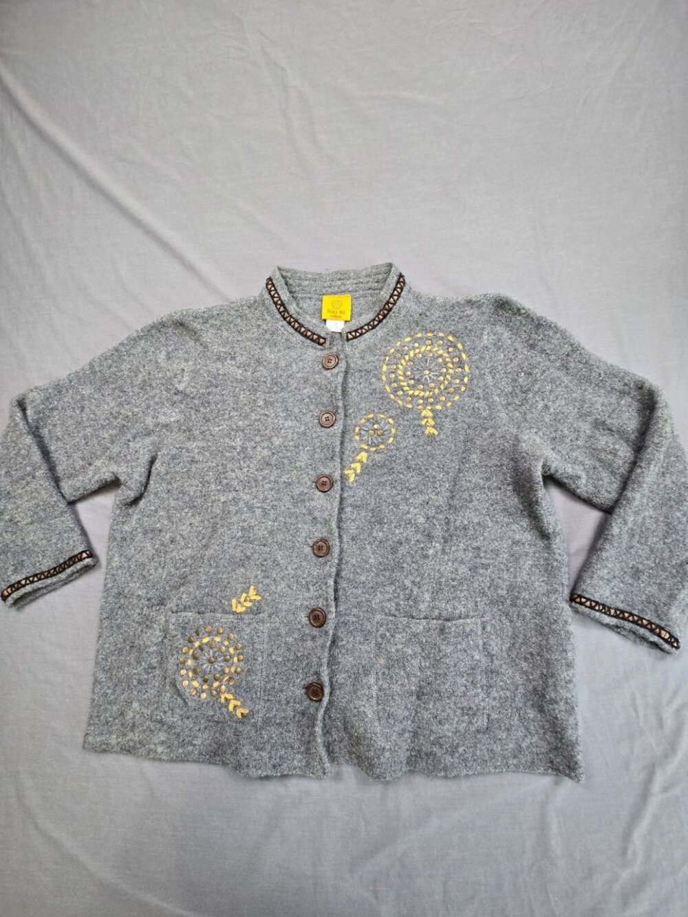 Ruby Rd 2X 100% Wool Cardigan Gray Yellow Embroidery Button Front Pockets